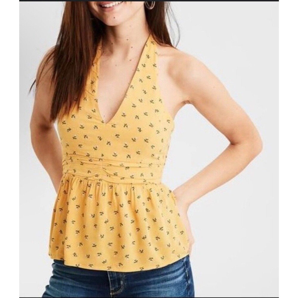 American Eagle Outfitters Medium Yellow Floral Halter‎ Top Shirt Y2K Babydoll